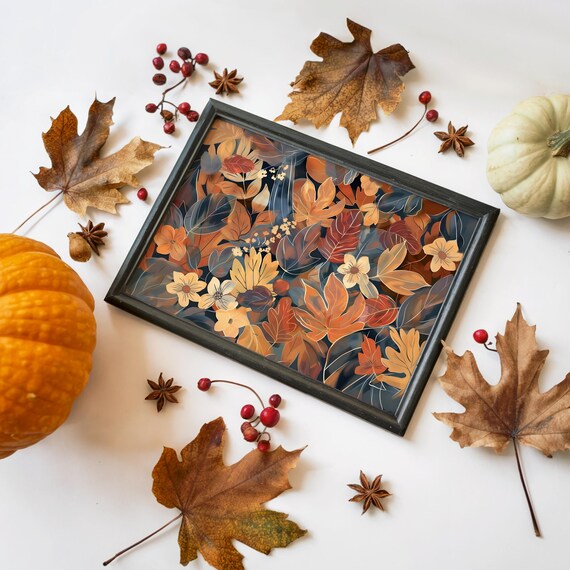 Autumn Fall Leaves Botanical Illustration Pumpkin Decor Art Poster