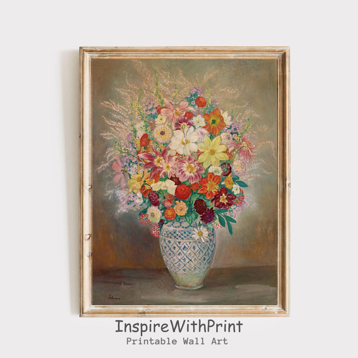 Vintage Floral Bouquet Blue Patterned Vase Classic Still Life Print