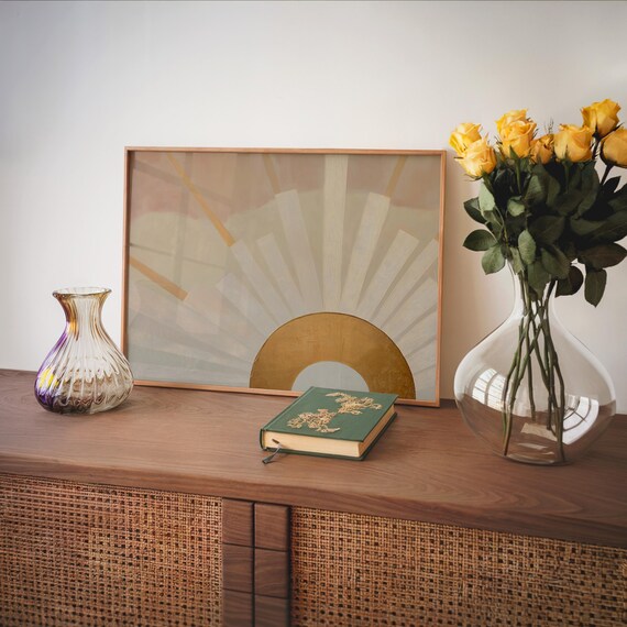 Boho Sun Print Mid Century Modern Wall Art Abstract Painting Sunshine Neutral Gold Color Nursery