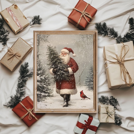 Vintage Santa Claus Carrying Christmas Tree Through Snowfall Forest Poster