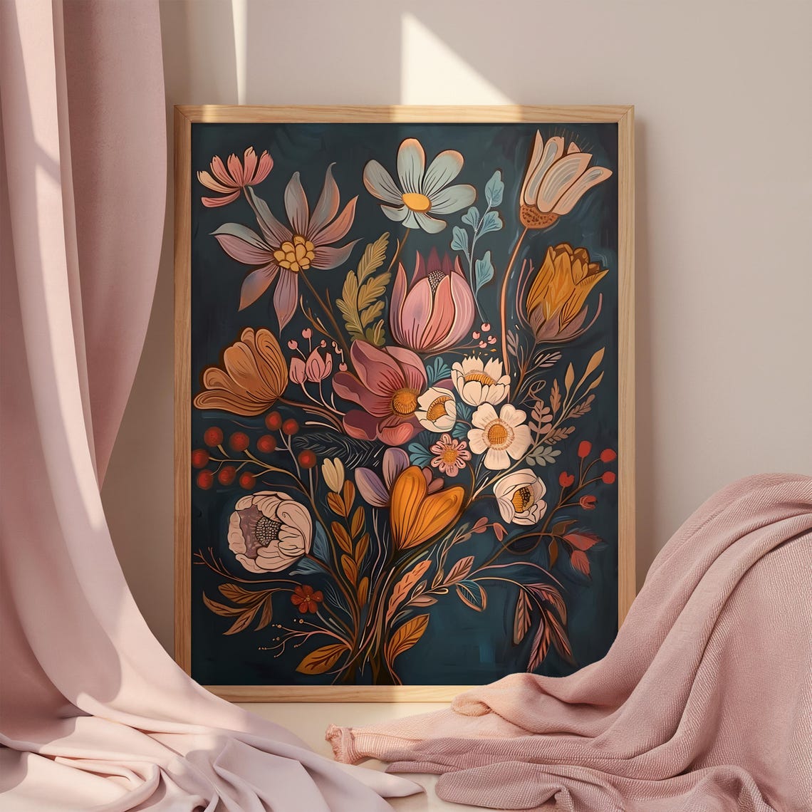 Midcentury Modern Wildflower Bouquet Dark Teal Botanical Art Poster