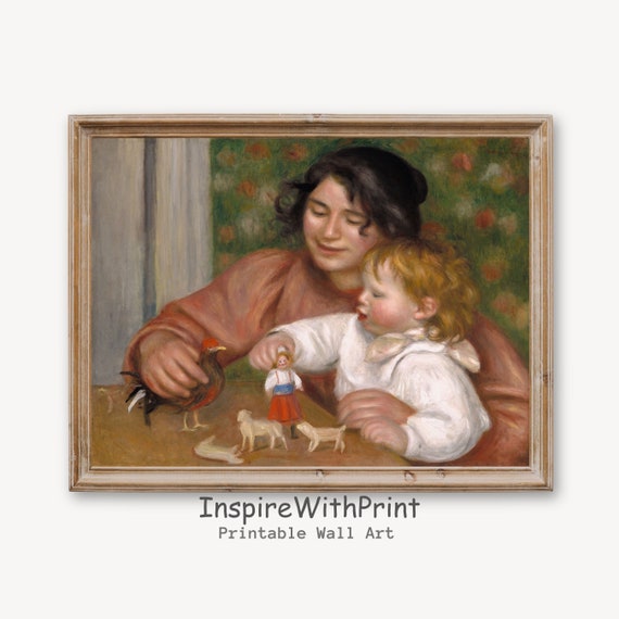 Mother And Son Print Kid Playing Painting Moody Childhood Vintage Room Wall Art Decor Motherhood