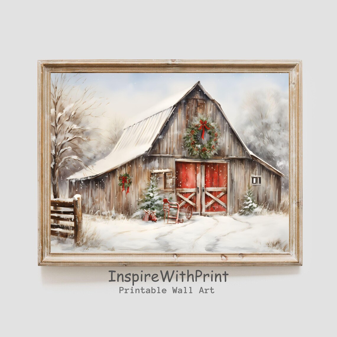 Christmas Country Farmhouse Art Print, Rustic Barn