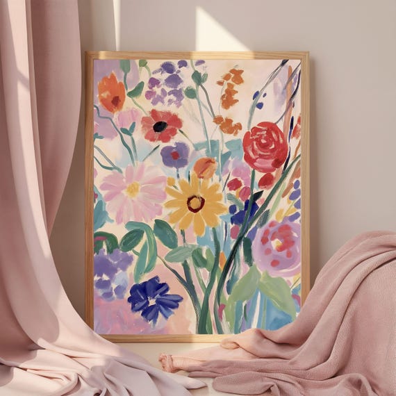 Abstract Flower Oil Painting Pastel Flowers Wall Art Henri Matisse Inspired Colorful Print