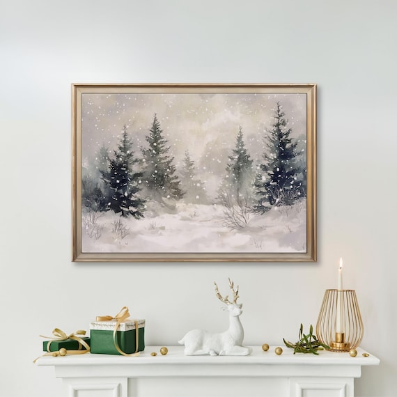 Misty Snowy Pines Winter Watercolor Painting With Falling Snow Poster