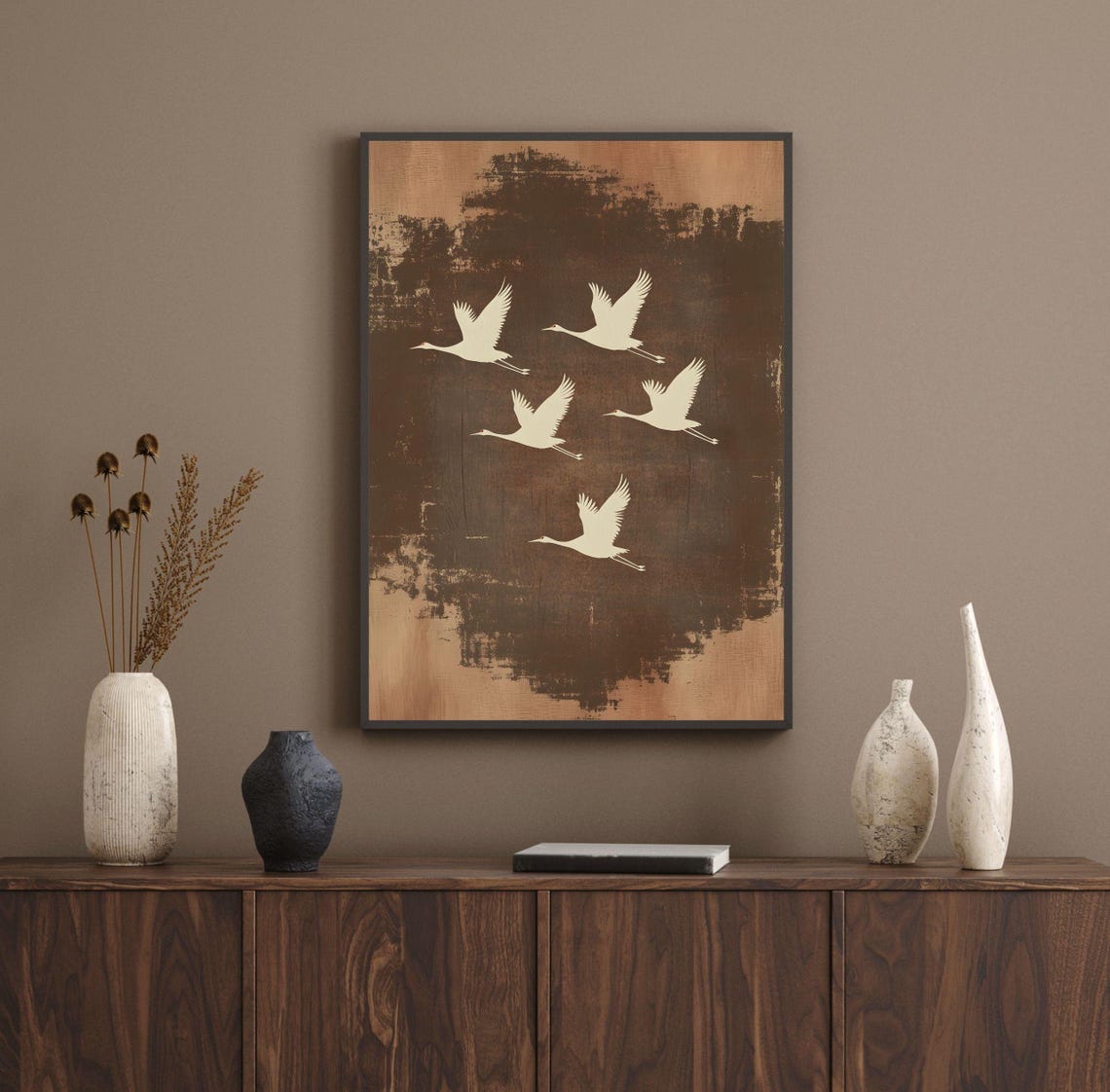 Flying Cranes in Japandi Style on Bronze Abstract Nature Poster