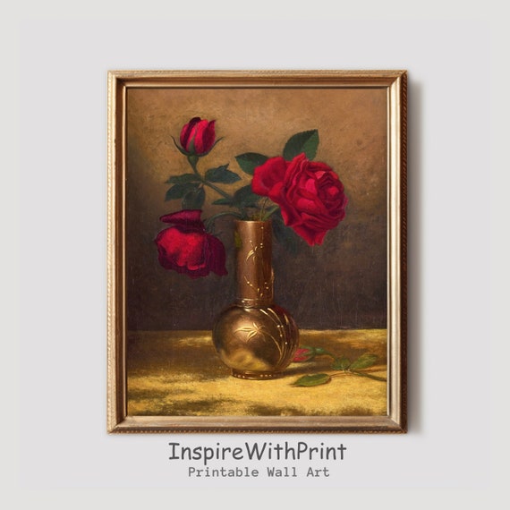 Antique Red Rose Still Life Painting Moody Flower Print Artful Wall Art Vintage Floral