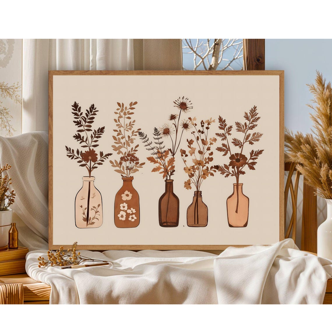 Boho Amber Glass Bottle Vases Dried Botanicals Rustic Wall Print