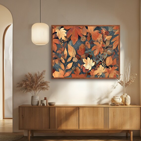 Autumn Leaves Botanical Pattern Print in Orange on Dark Teal Art