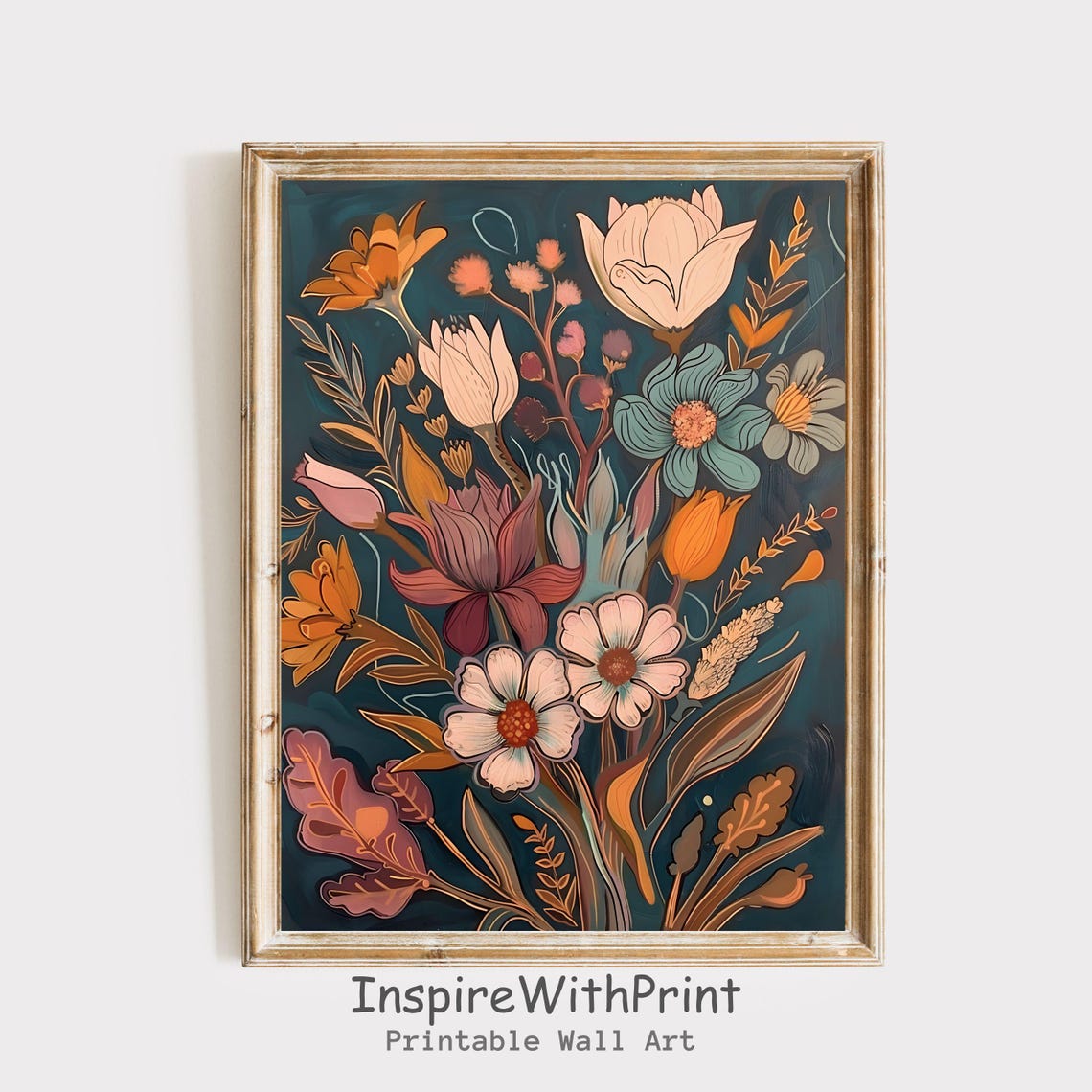 Moody Teal Boho Wildflowers Tulips and Daisies Botanical Print