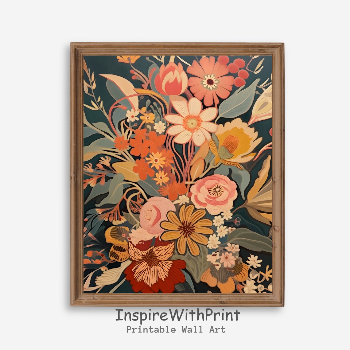 Lush Autumn Floral Bouquet Poster on a Rich Dark Teal Background