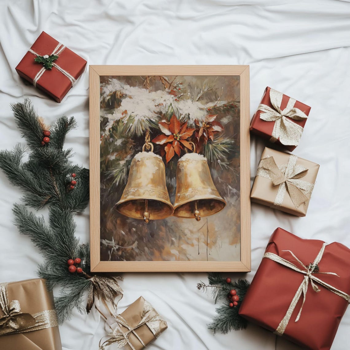 Rustic Golden Christmas Bells With Snowy Poinsettia Holiday Poster