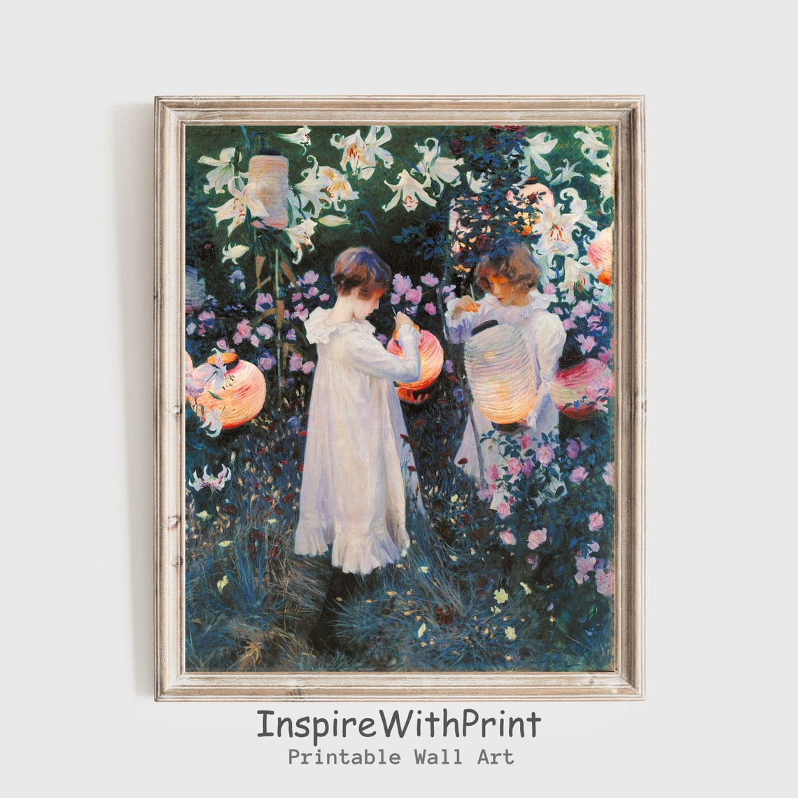 Little Girls With Lanterns Painting Vintage Children Portrait Art Kid Room Wall Kids In The Flower Garden Print
