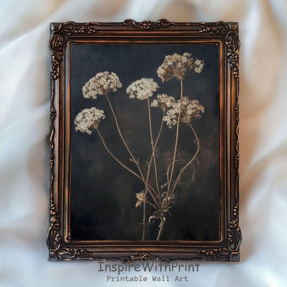 Vintage Dark Flower Print Moody Floral Wall Art Botanical Rustic Antique Neutral