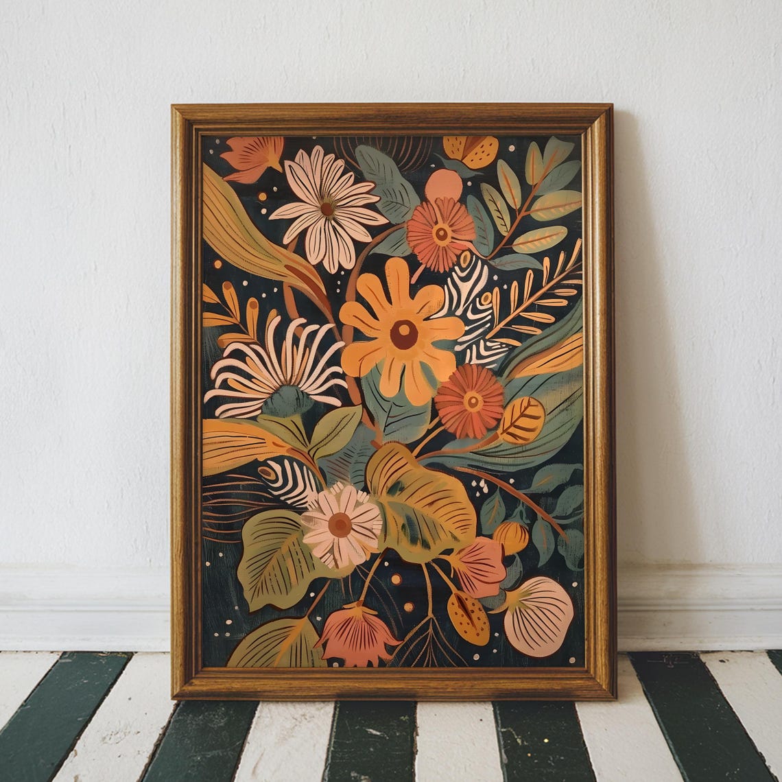 Midcentury Boho Autumn Florals on Dark Green Botanical Print