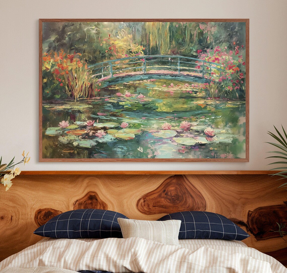 Water Lilies Pond Bridge Vintage Garden Painting Poster Botanical Art