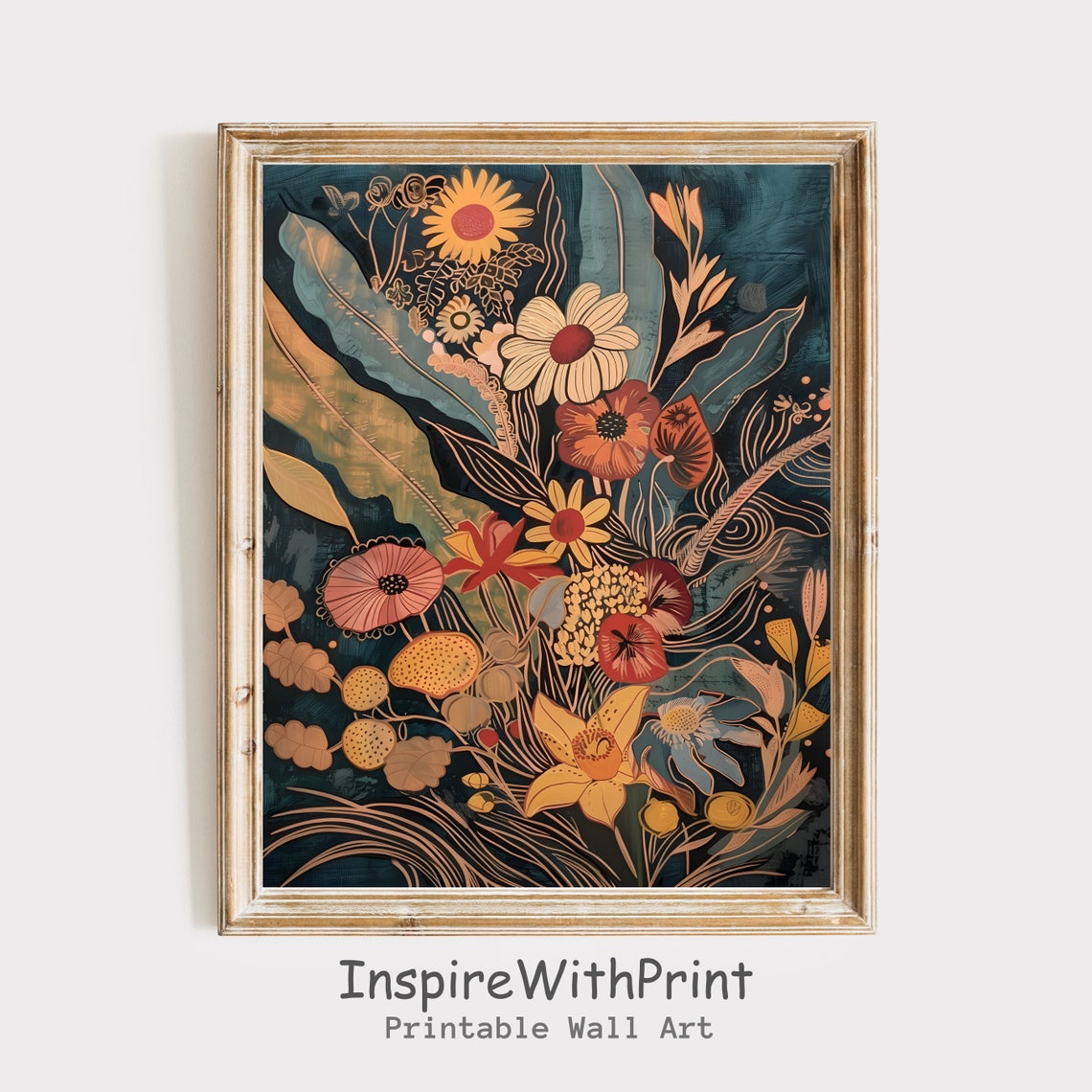 Midcentury Floral Bouquet Gold Orange on Dark Teal Wall Poster