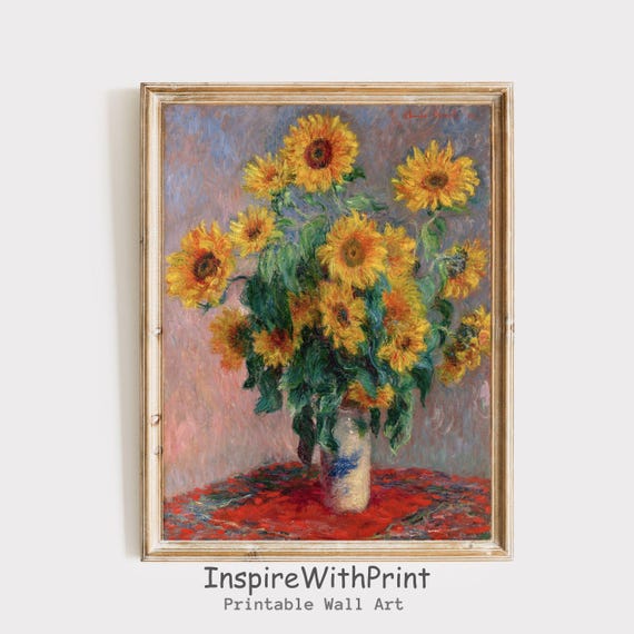 Vintage Flowers Still Life Print Claude Monet Sunflowers Wall Art Yellow Floral Moody Flower Vase Oil Painting