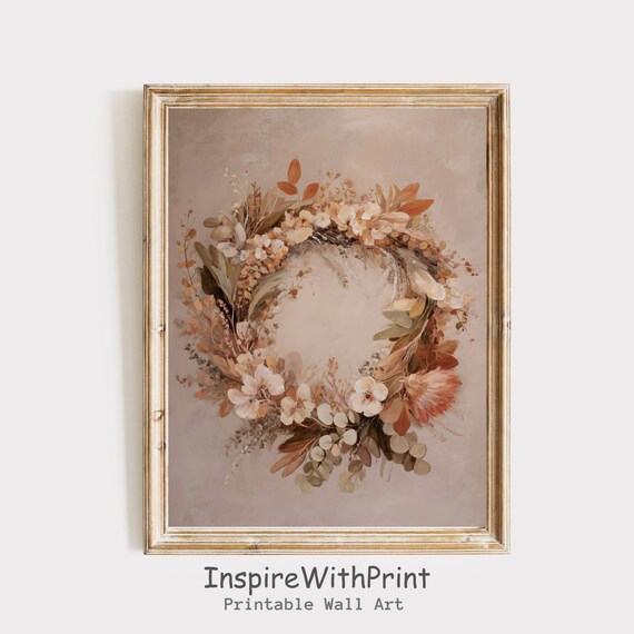Autumn Botanical Wreath Painting Warm Neutral Fall Floral Wall Art