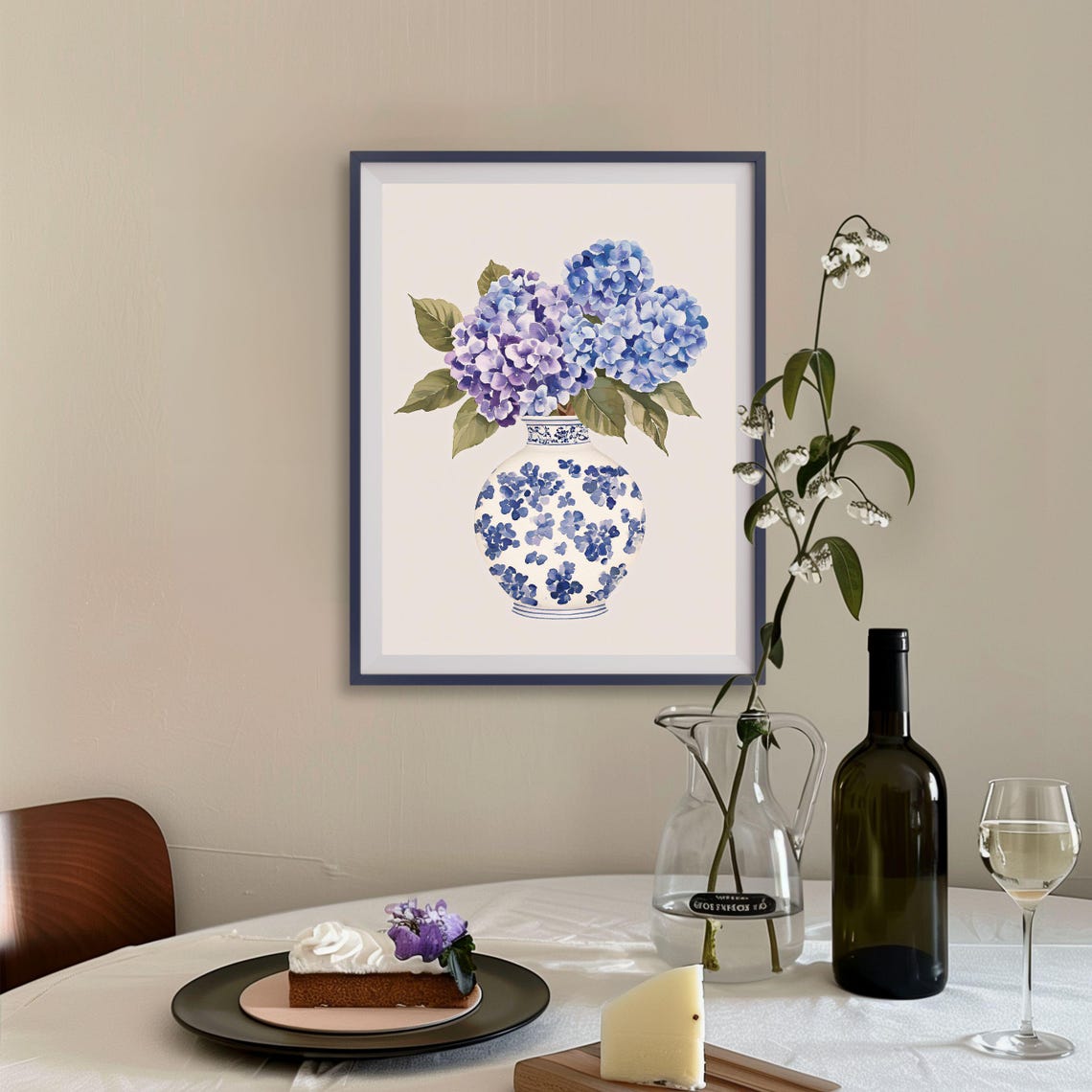 Blue Hydrangeas in a Chinoiserie Vase Botanical Watercolor Wall Art