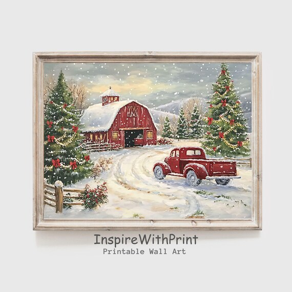 Snowy Red Barn With Red Vintage Truck And Decorated Christmas Trees Poster