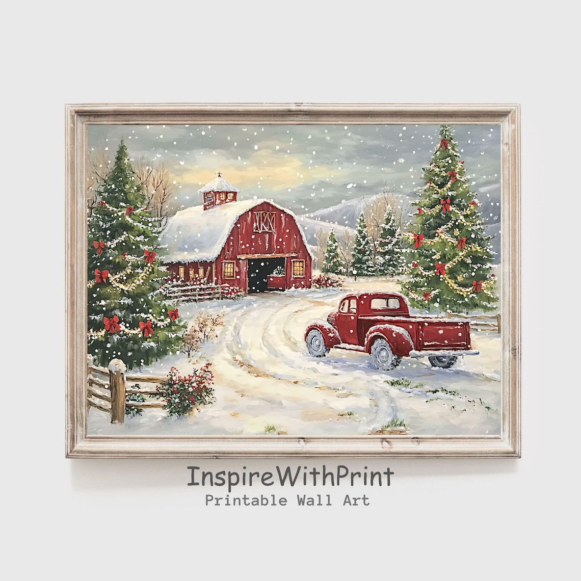 Snowy Red Barn With Red Vintage Truck And Decorated Christmas Trees Poster