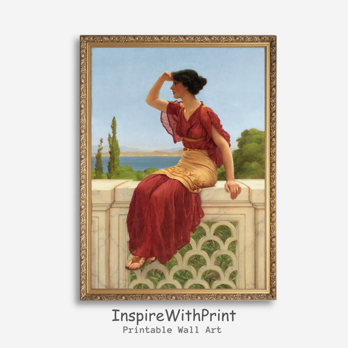 Woman in Red Dress on a Seaside Balcony Classical Beauty Poster