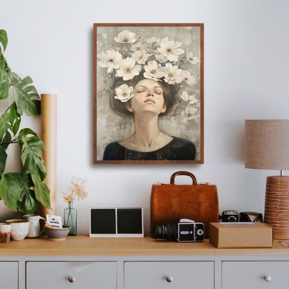 Woman With Flower Painting Moody Portrait Wall Art Feminist Neutral White Flowers Print