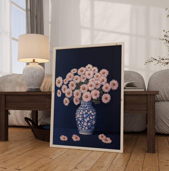 Daisy Flower Bouquet In Chinoiserie Vase Print Pink Daisies Wall Art Moody Floral Still Life Painting