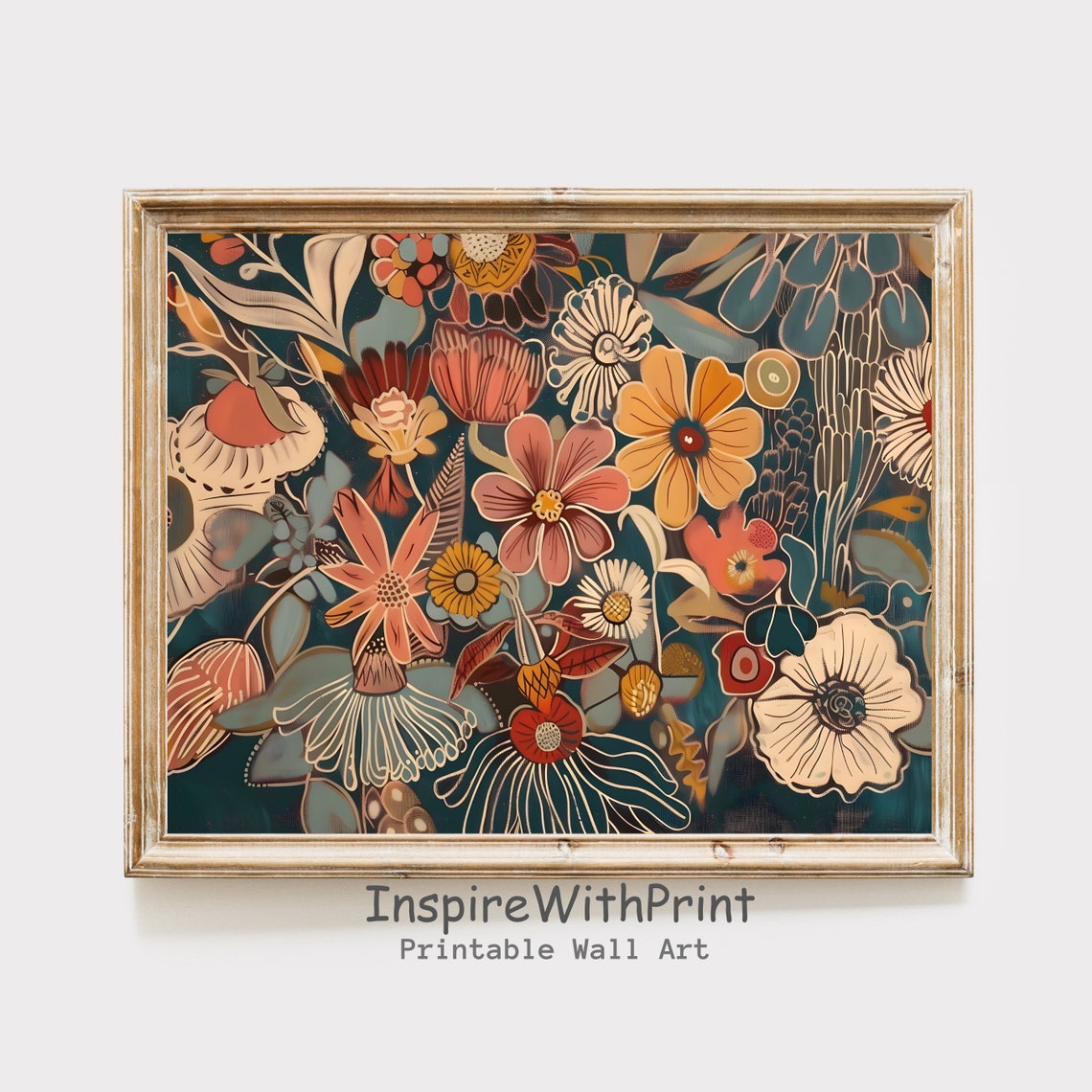 Midcentury Modern Boho Wildflower Bouquet Dark Botanical Art Print