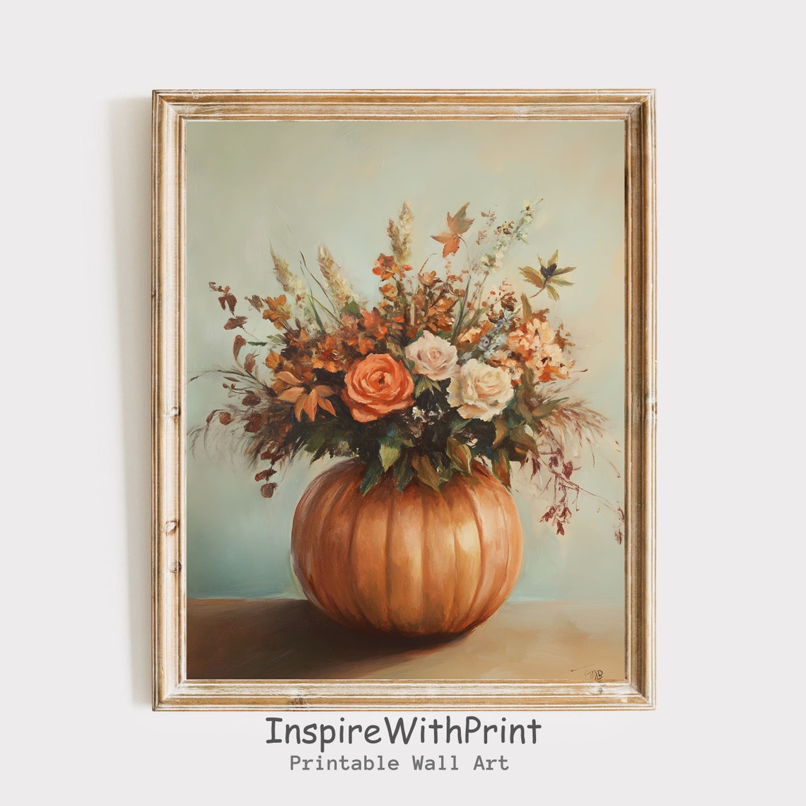 Autumn Roses in Pumpkin Vase Moody Fall Floral Still Life Poster