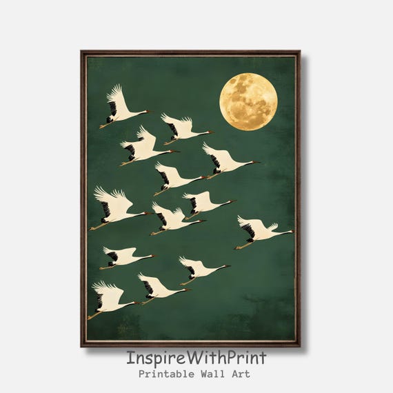 Flying Cranes Wall Art Japandi Flock Of Birds Painting Japanese Crane Print Emerald Green And Moon