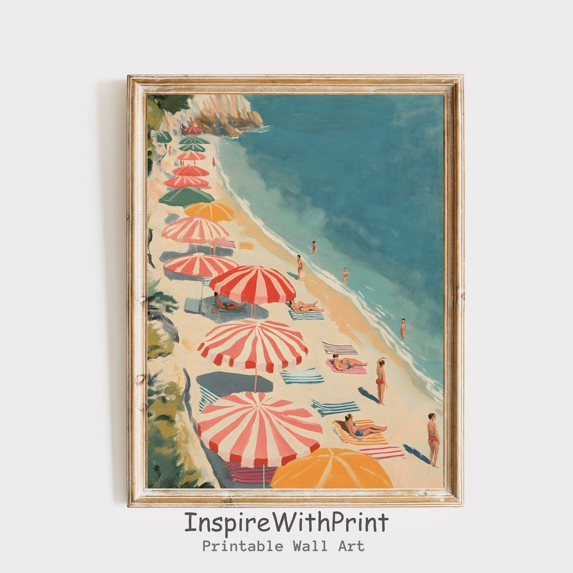 Summer Retro Beach Seascape Vintage Umbrella Art Print