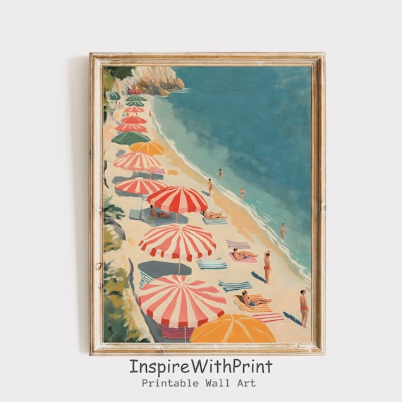 Summer Retro Beach Seascape Vintage Umbrella Art Print