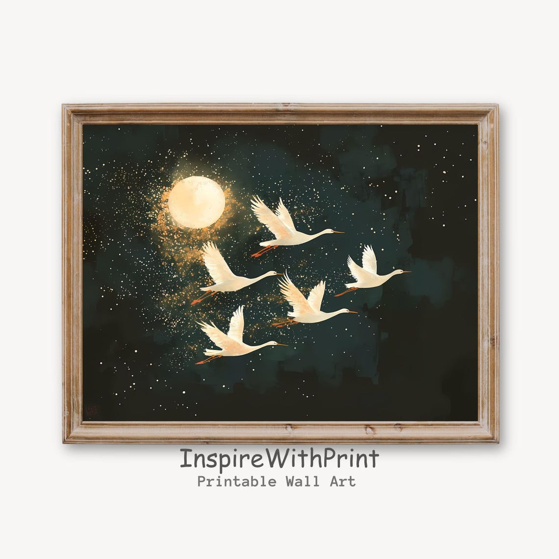 Flying Cranes Under Full Moon Emerald Starry Night Sky Poster