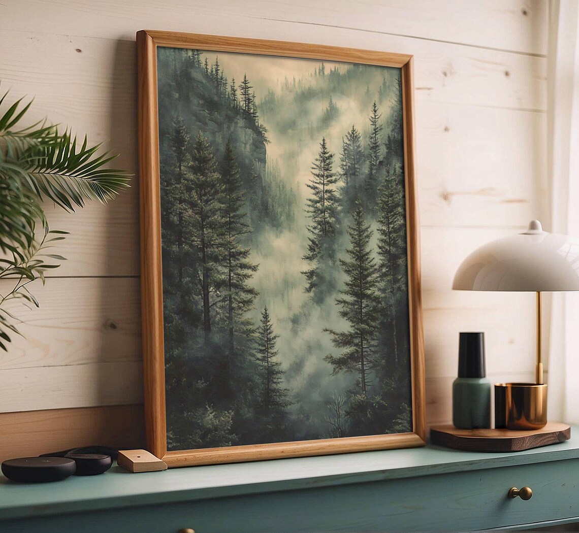 Misty Pine Forest Sage Green Moody Woodland Painting Art Poster