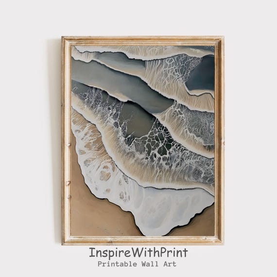 Rustic Coastal Landscape Wall Art Boho Beach Print Moody Ocean Wave Neutral Seascape Decor Waves Painting