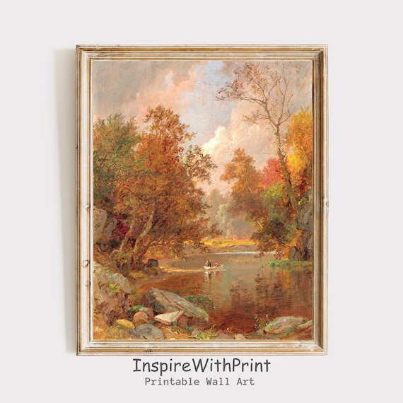 Autumn River Landscape Painting Rowboat Golden Fall Trees Poster