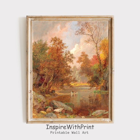 Fall Country Landscape Painting Vintage Autumn Cottacore Moody Scenery Wall Art Rustic Farmhouse Print Decor