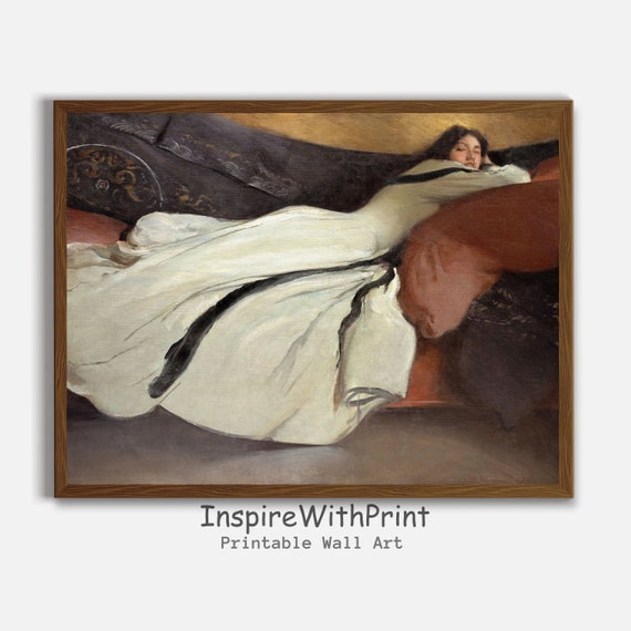 Vintage Woman Laying On Sofa Wall Art Moody Portrait Victorian Elegant Print Above