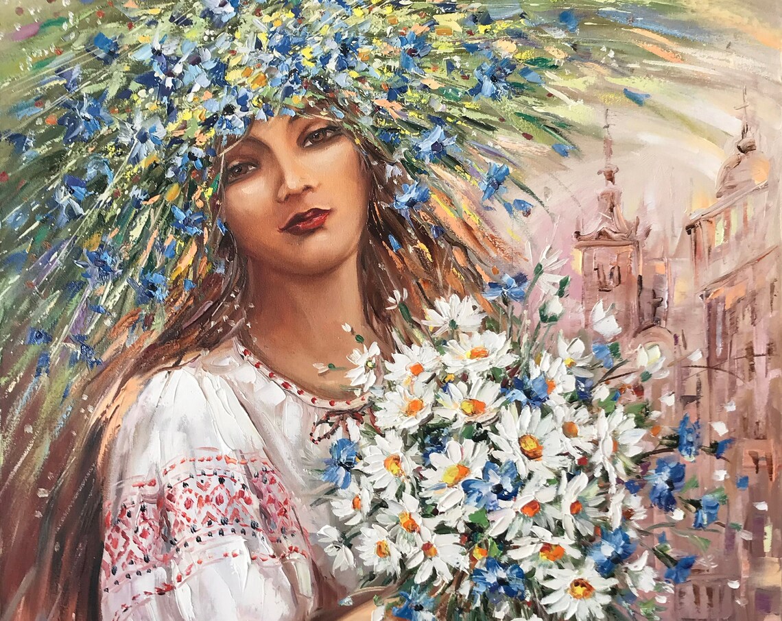 Ukrainian Woman With Flowers, Oil Painting Art Print - Image 3