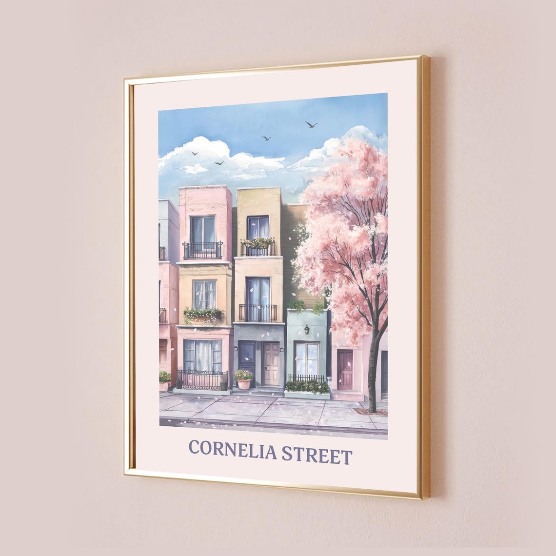 Cornelia Street Pink Row Houses Watercolor Cityscape Art Poster