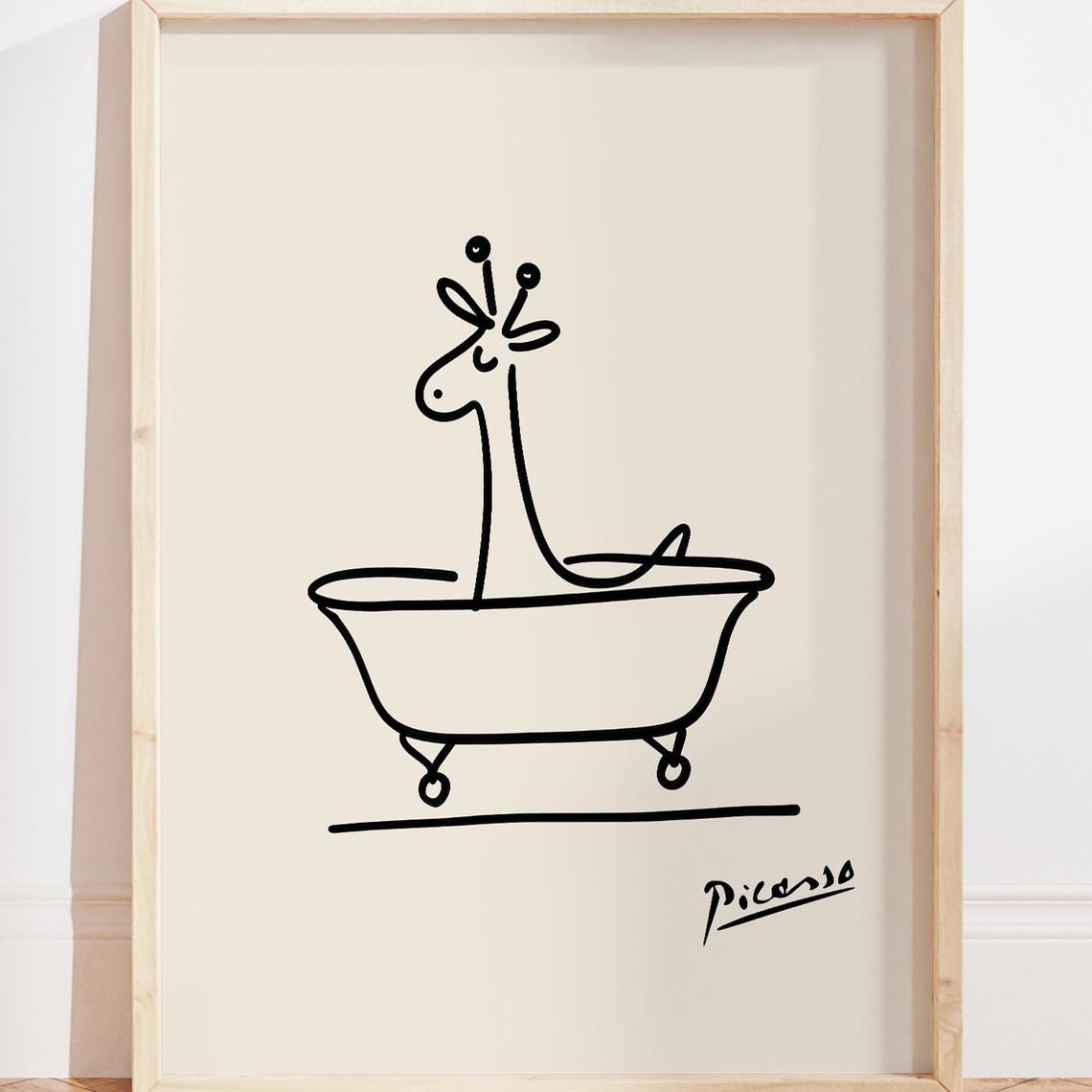 Giraffe In Bathtub Minimalist Line Drawing Bathroom Wall Art