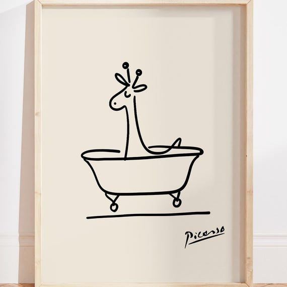 Giraffe Bathroom Wall Art Print Picasso Minimalist Decor Style Poster Bathtub