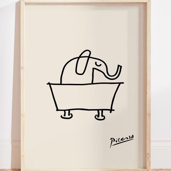 Elephant Bathtub Line Art Print Picasso Bathroom Minimalist Decor Style Poster