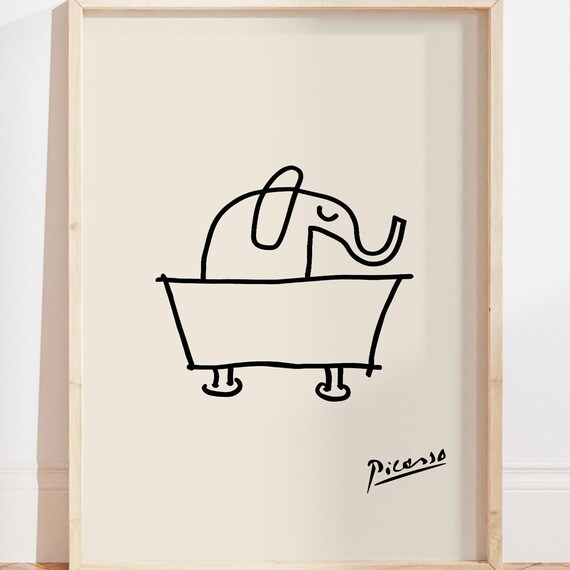 Picasso Style Elephant Bathtub Minimalist Line Art Funny Poster