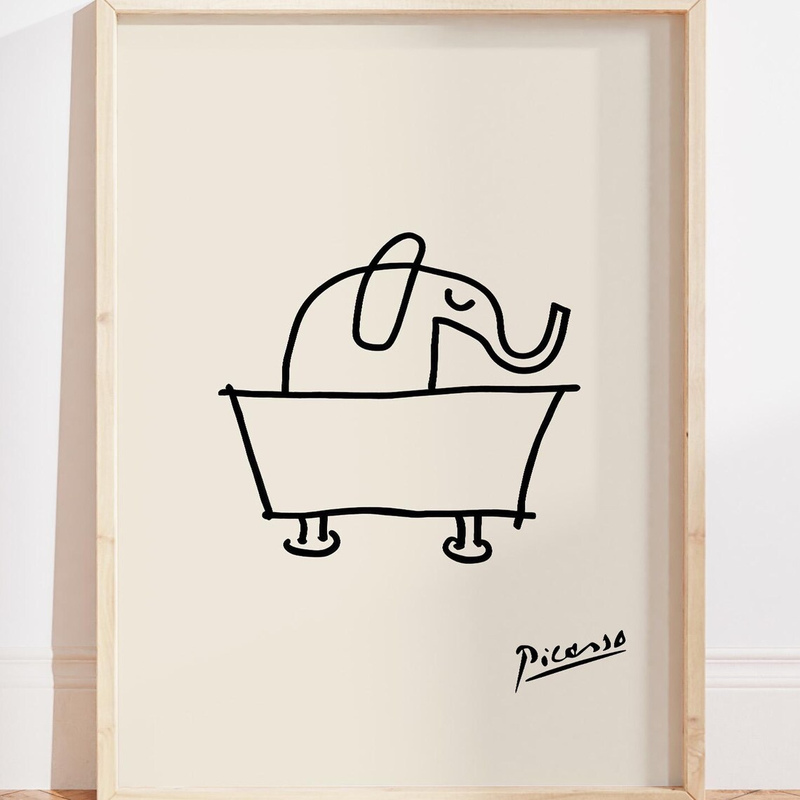 Picasso Style Elephant Bathtub Minimalist Line Art Funny Poster