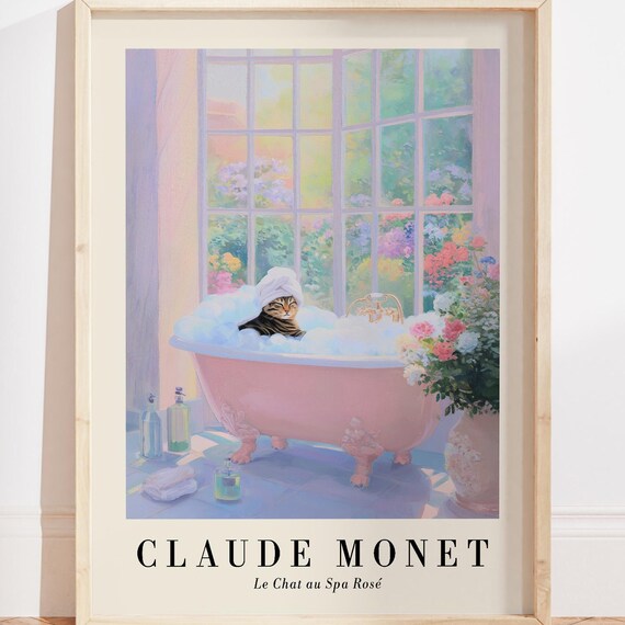 Tabby Cat Spa Bathroom Painting Print, Floral