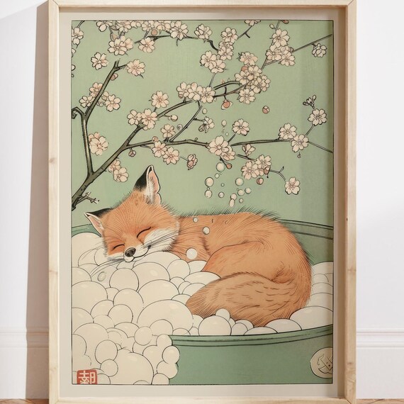 Fox In Bathtub Print Bathroom Wall Art Japandi Relaxing Poster Decor Housewarming Gift Dopamine Restroom