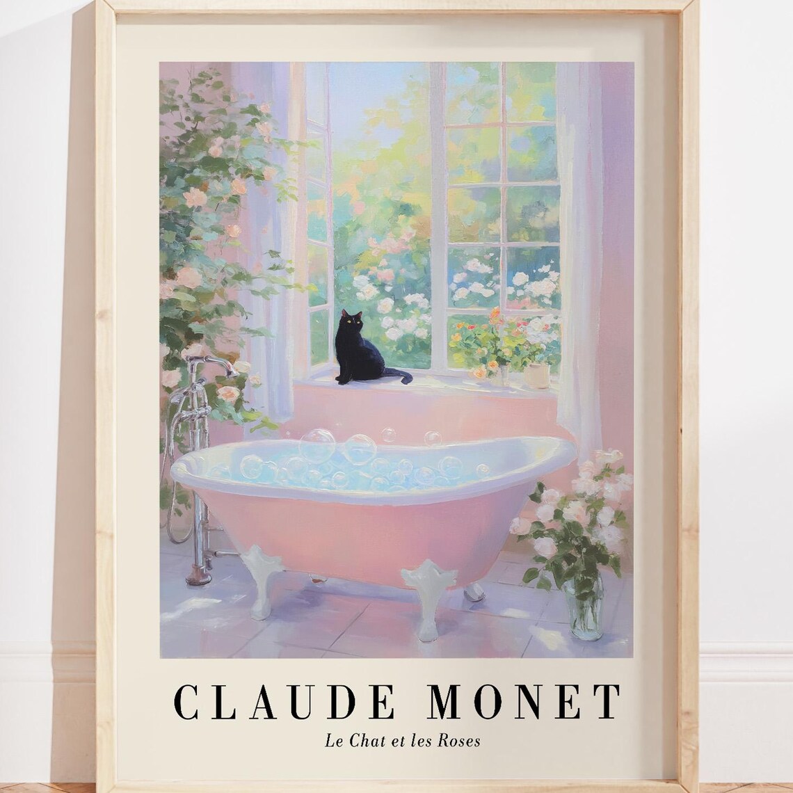 Monet-Inspired Black Cat Bathroom Art Print